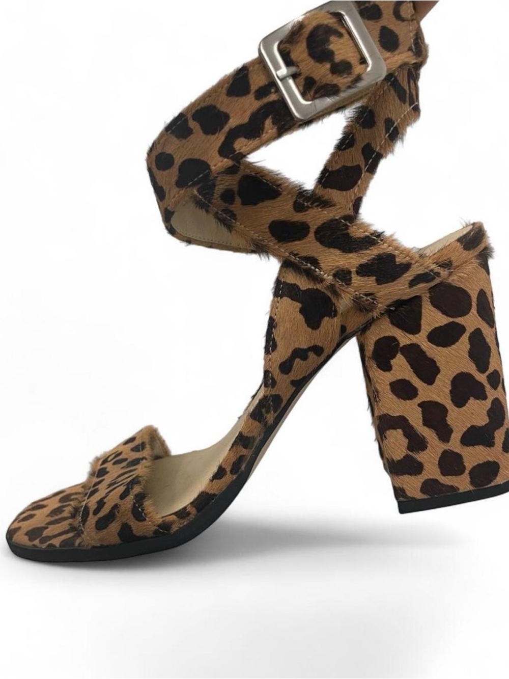 Chinese Laundry Pony Hair Leopard Print Block Heel Sandal in Brown and Black